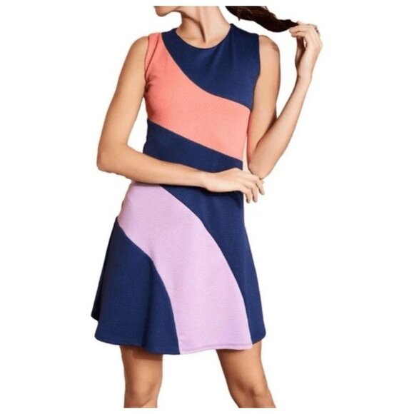 Hutch Anthropologie Dress 2X Blue Pink And Purple Color Block Fit & Flare Preppy - Picture 1 of 9